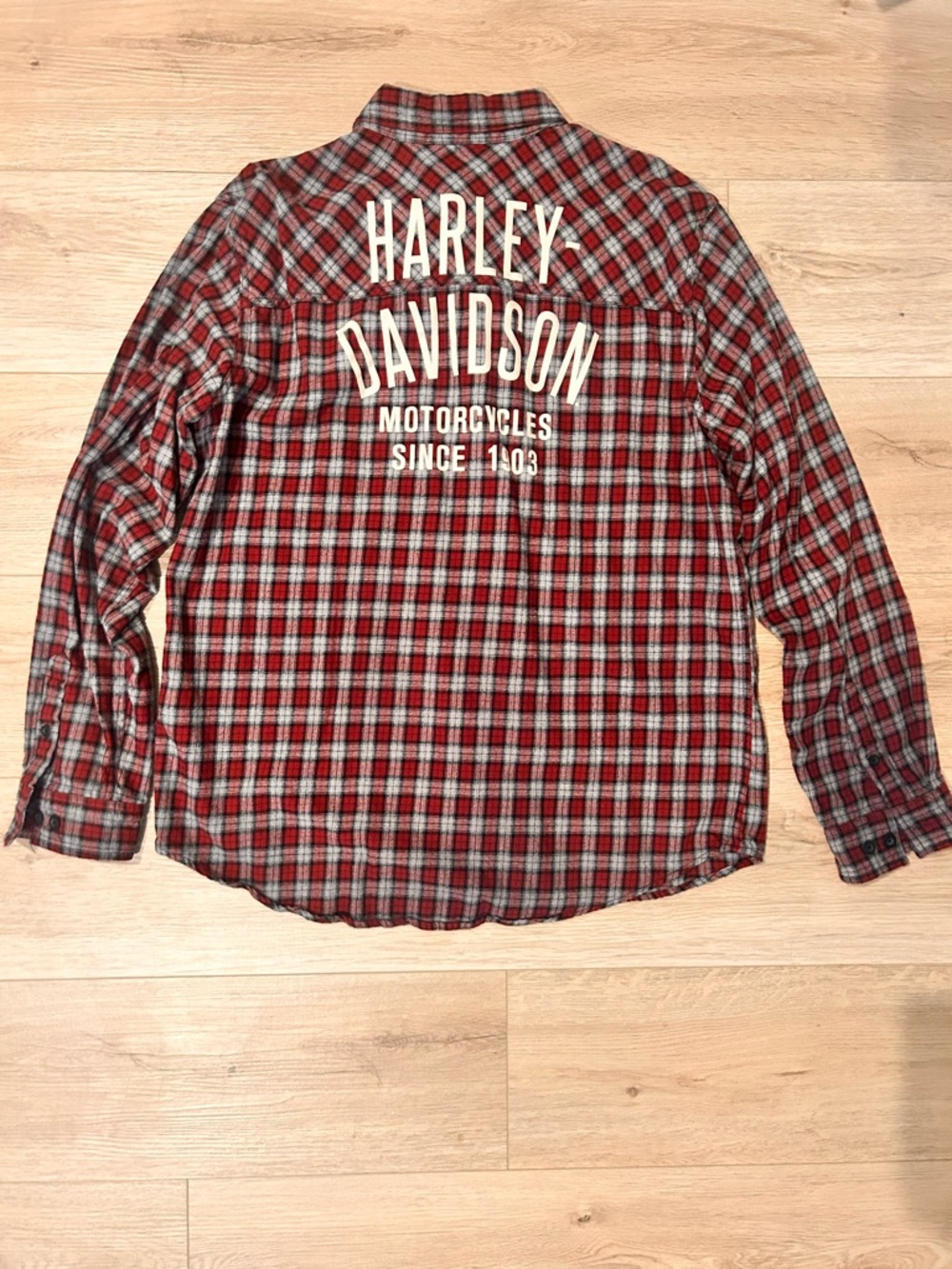 Harley-Davidson Maroon, Black and Gray Plaid Button-Down Shirt with Back Logo